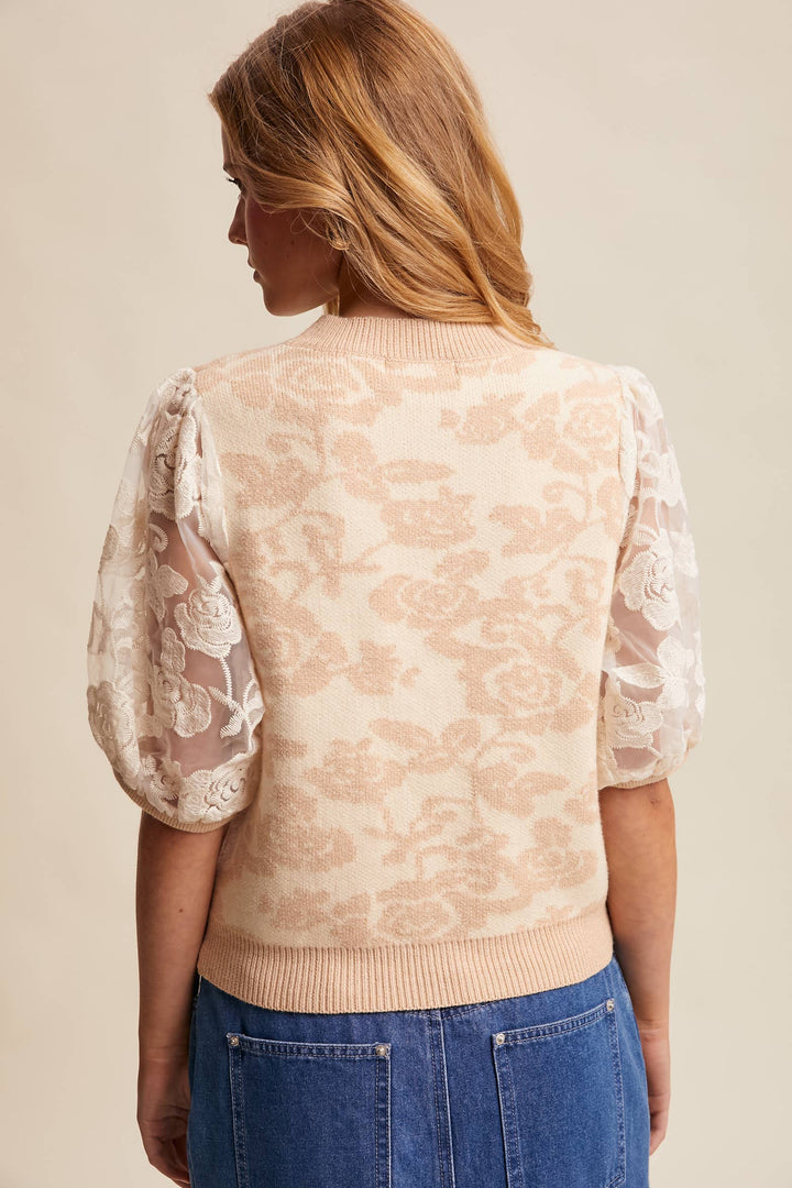 Women's Short Sleeve - Rose Embroidered Contrast Knit Top - - Cultured Cloths Apparel