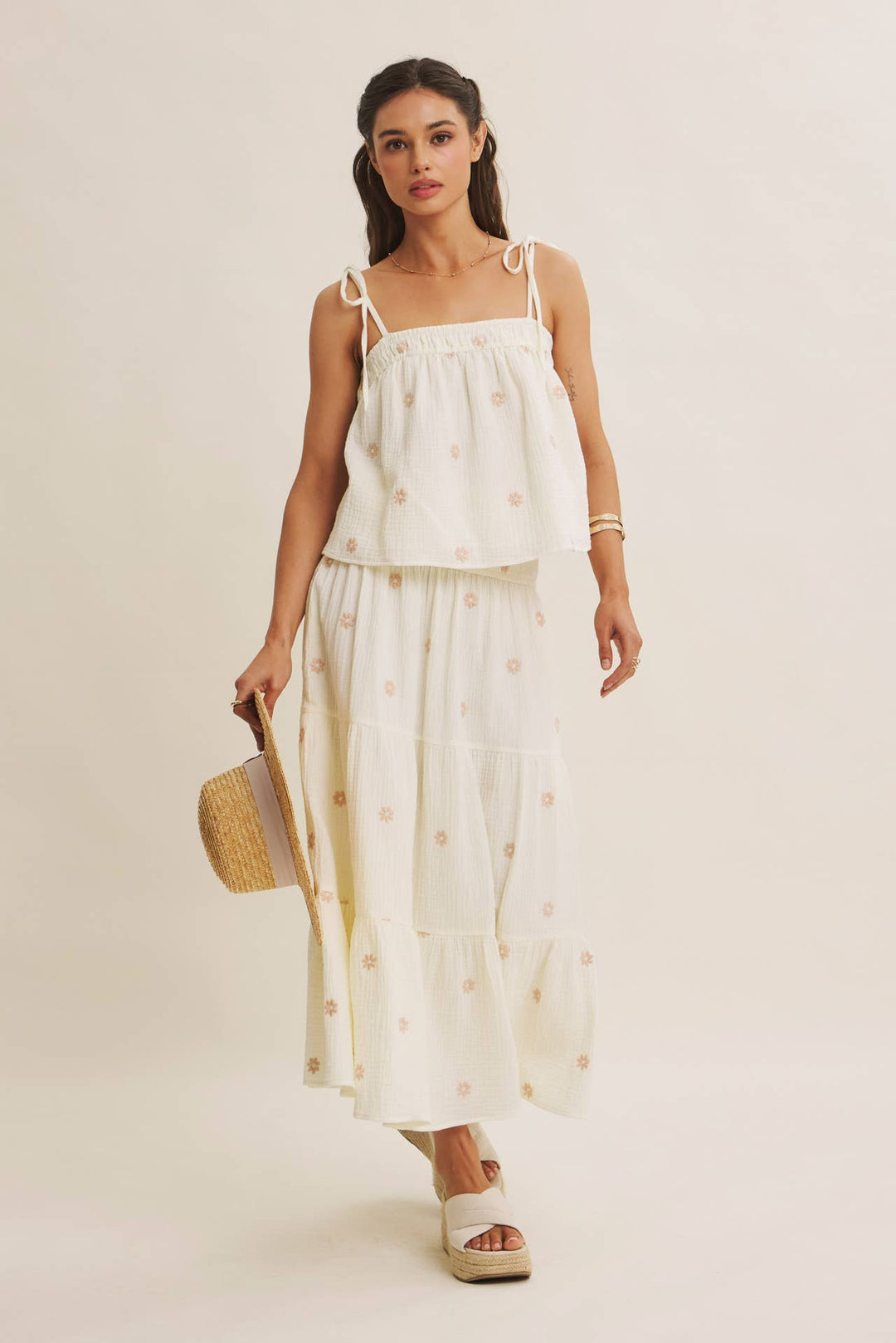Women's Sleeveless - SUNSET FIELD EMBROIDERED COTTON GAUZE TANK WITH TIE STRAPS - - Cultured Cloths Apparel
