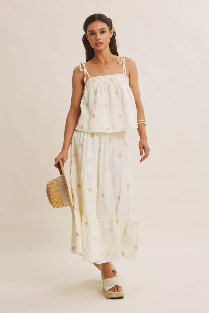 Women's Sleeveless - SUNSET FIELD EMBROIDERED COTTON GAUZE TANK WITH TIE STRAPS - - Cultured Cloths Apparel