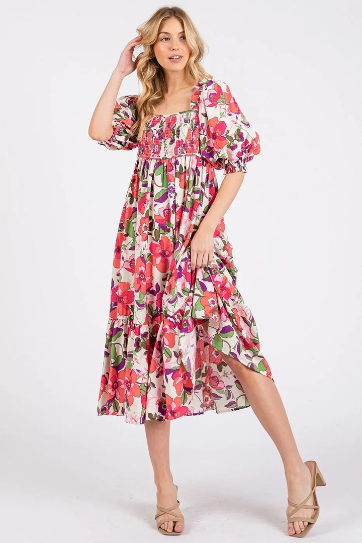 Women's Dresses - Mittoshop Flower Print Puff Sleeve Ruffle Smocked Midi Dress - - Cultured Cloths Apparel