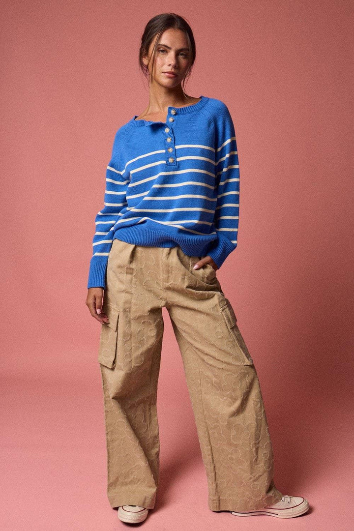 Women's Sweaters - Knit Henley Placket Striped Sweater Top - Blue - Cultured Cloths Apparel