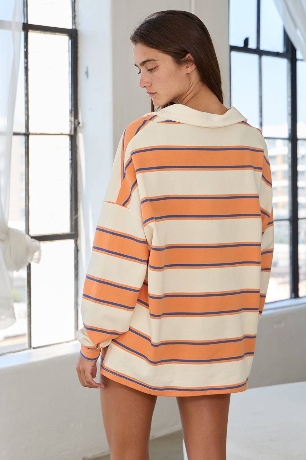 IT2417 Contrast Collared Neck Striped Polo Tunic Top