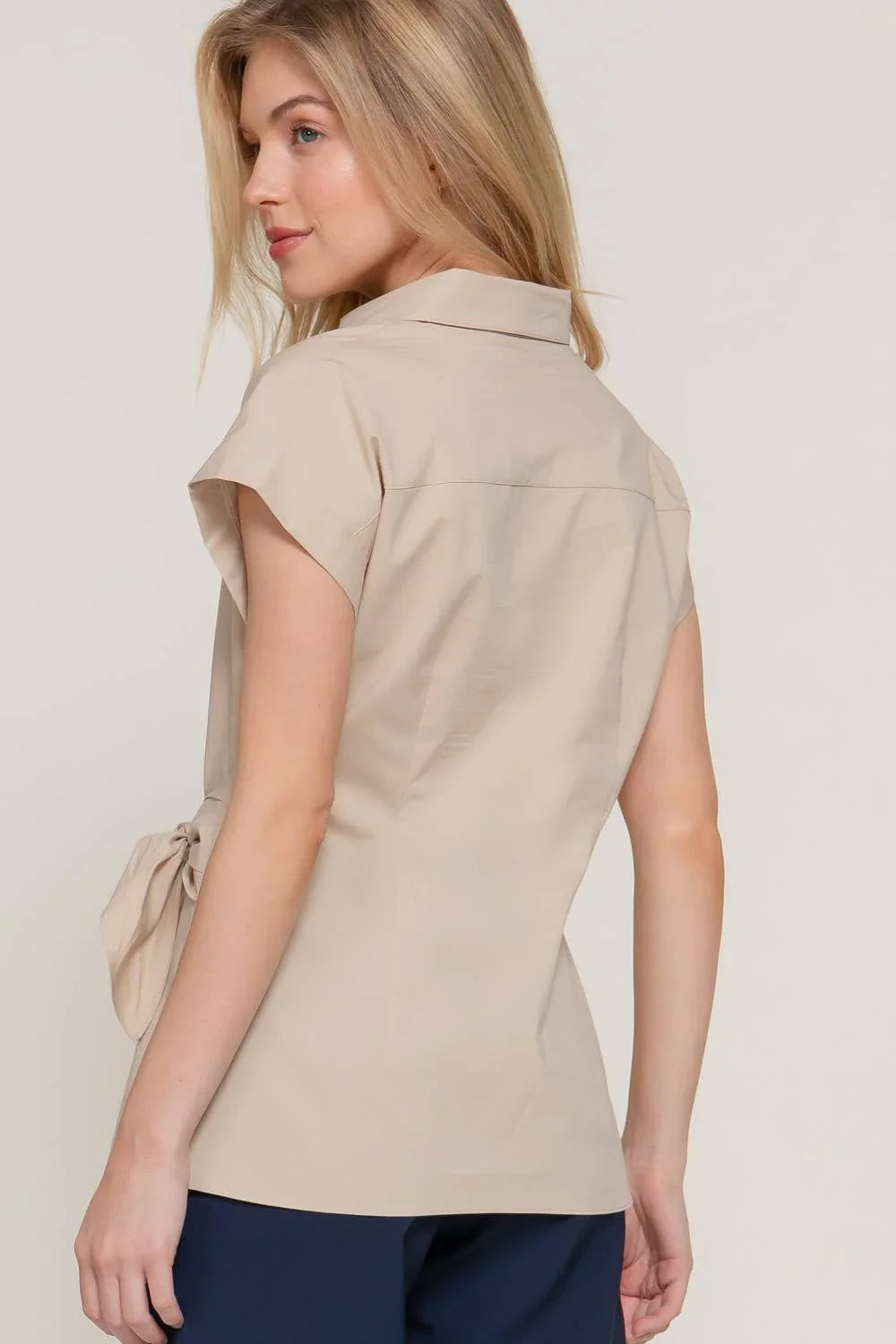 Women's Short Sleeve - Short Dolman Sleeve Button Down Side Knot Poplin Shirt - - Cultured Cloths Apparel