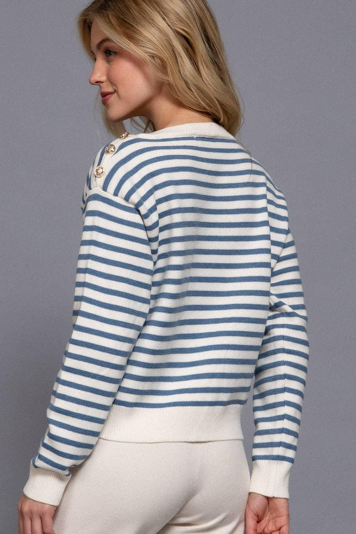 Women's Sweaters - Long Sleeve Buttoned Shoulder Stripe Sweater - - Cultured Cloths Apparel