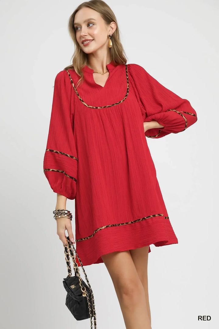 Women's Dresses - Umgee Textured Babydoll Dress with Leopard Trim - Red - Cultured Cloths Apparel