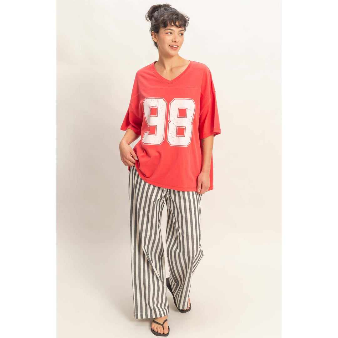 Graphic T-Shirts - Oversized Varsity Style V-Neck Graphic T-Shirt - - Cultured Cloths Apparel