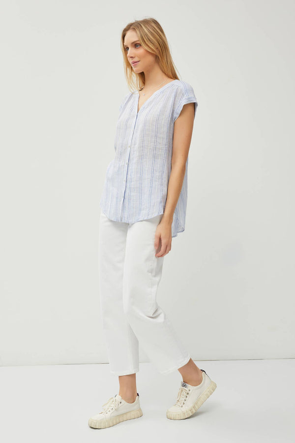 Women's Short Sleeve - Striped Mandaring Collar Short Sleeve Linen Shirt -  - Cultured Cloths Apparel