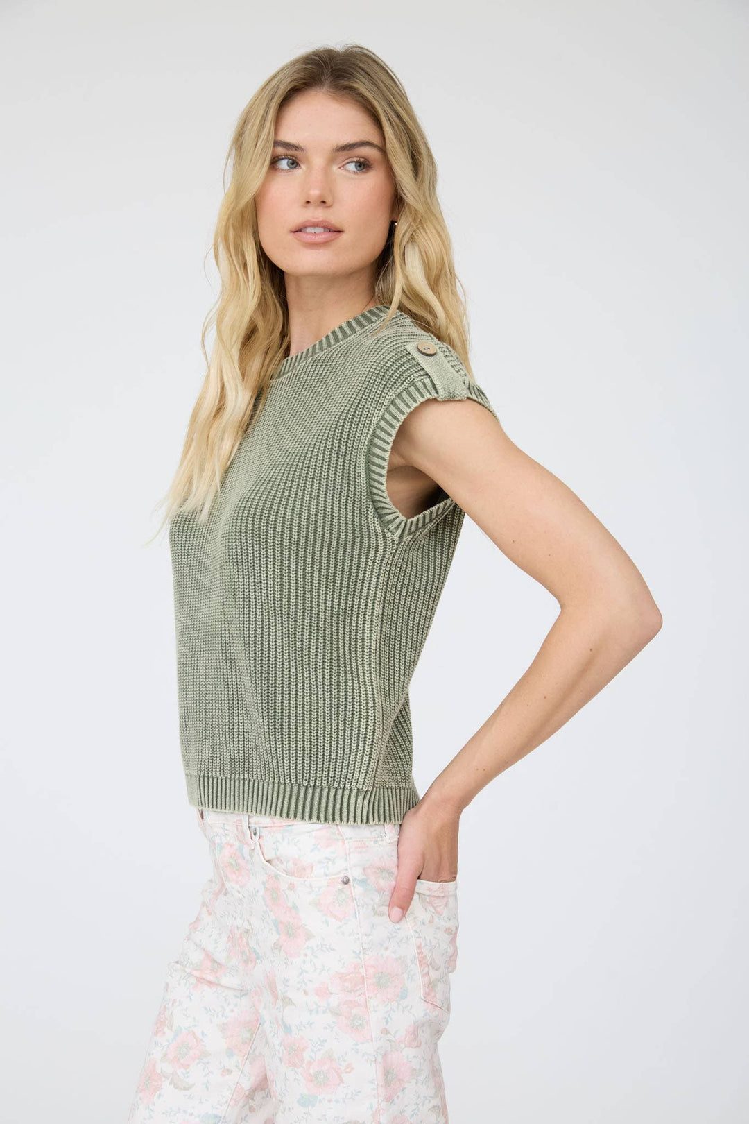 Women's Short Sleeve - ACID WASHED TAB SLEEVE BACK BUTTON KNIT TOP: CHARCOAL - - Cultured Cloths Apparel