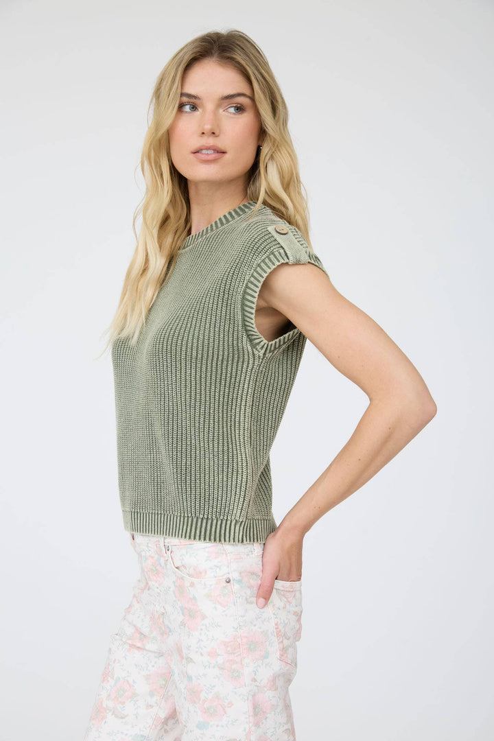 Women's Short Sleeve - ACID WASHED TAB SLEEVE BACK BUTTON KNIT TOP: CHARCOAL - - Cultured Cloths Apparel