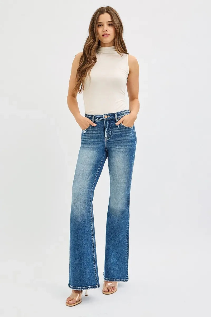 Denim - RISEN Full Size Tummy Control High Rise Flare Jeans Plus Size - - Cultured Cloths Apparel