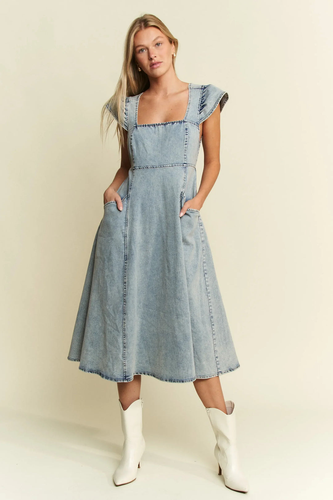 Women's Dresses - Jade By Jane Full Size Ruffled Denim Midi Dress Plus Size - DENIM BLUE - Cultured Cloths Apparel