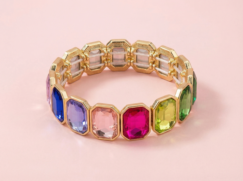 Accessories, Bracelets - Enamel Stretch Bracelet - Octagon Rainbow Stones - Simone - - Cultured Cloths Apparel