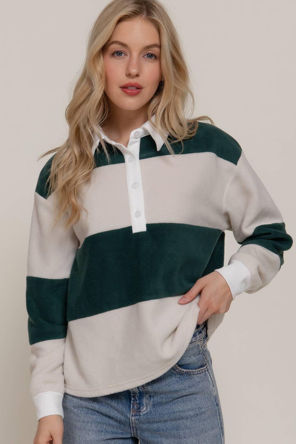 Women's Long Sleeve - Long Sleeve Rugby Stripe Fleece Polo Top - Taupe/Green - Cultured Cloths Apparel
