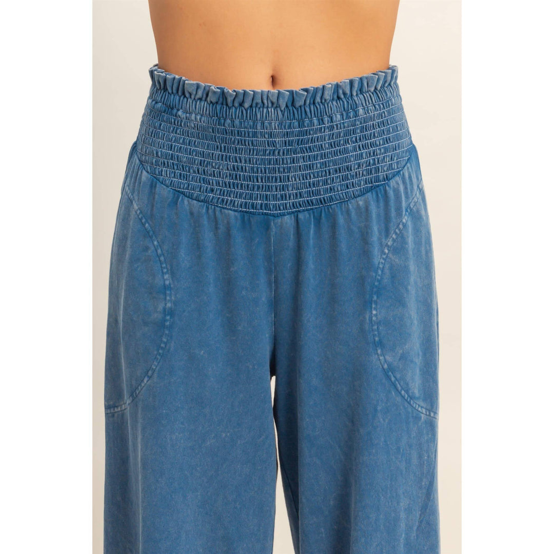 Mineral Washed Wide-Leg Smocked Waist Pants