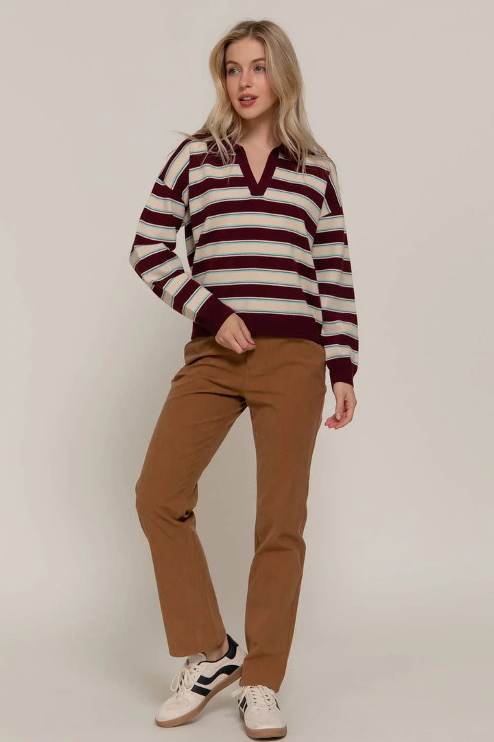 Women's Sweaters - Long Sleeve Multi Stripe Polo Sweater - - Cultured Cloths Apparel