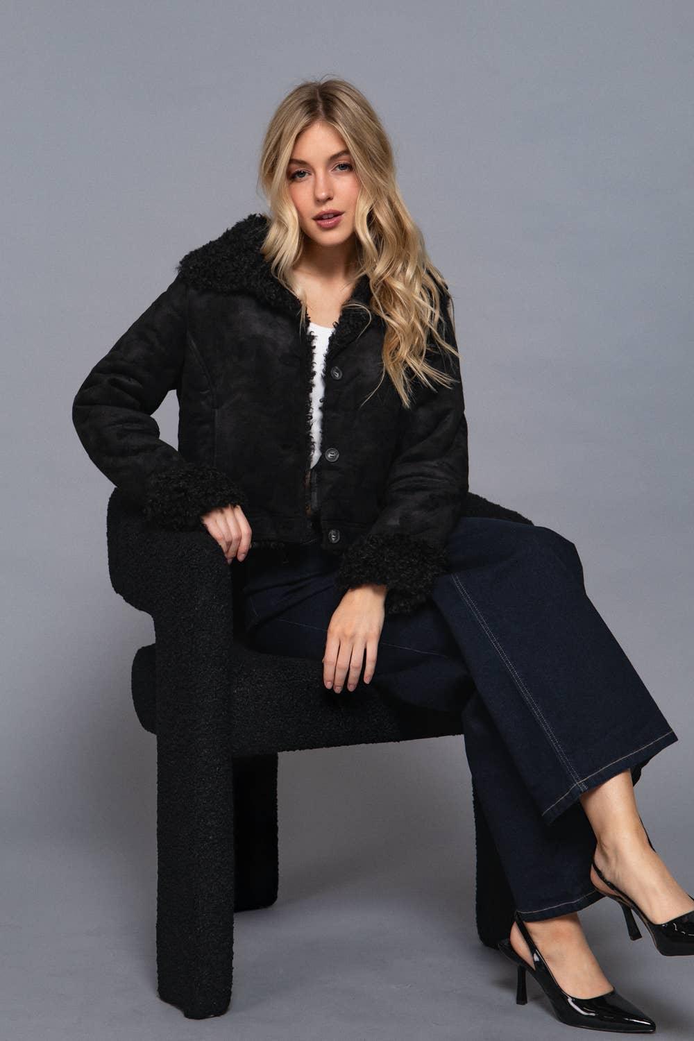 Outerwear - Long Sleeve Inside Fur Detail Penny Lane Suede Short Jacket - - Cultured Cloths Apparel