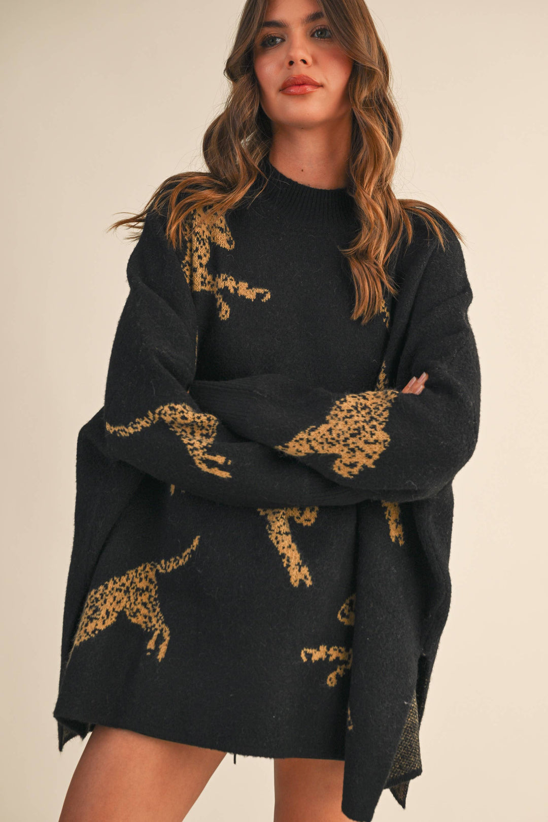 CHEETAH PRINT OVERSIZED MOCK NECK SWEATER TOP