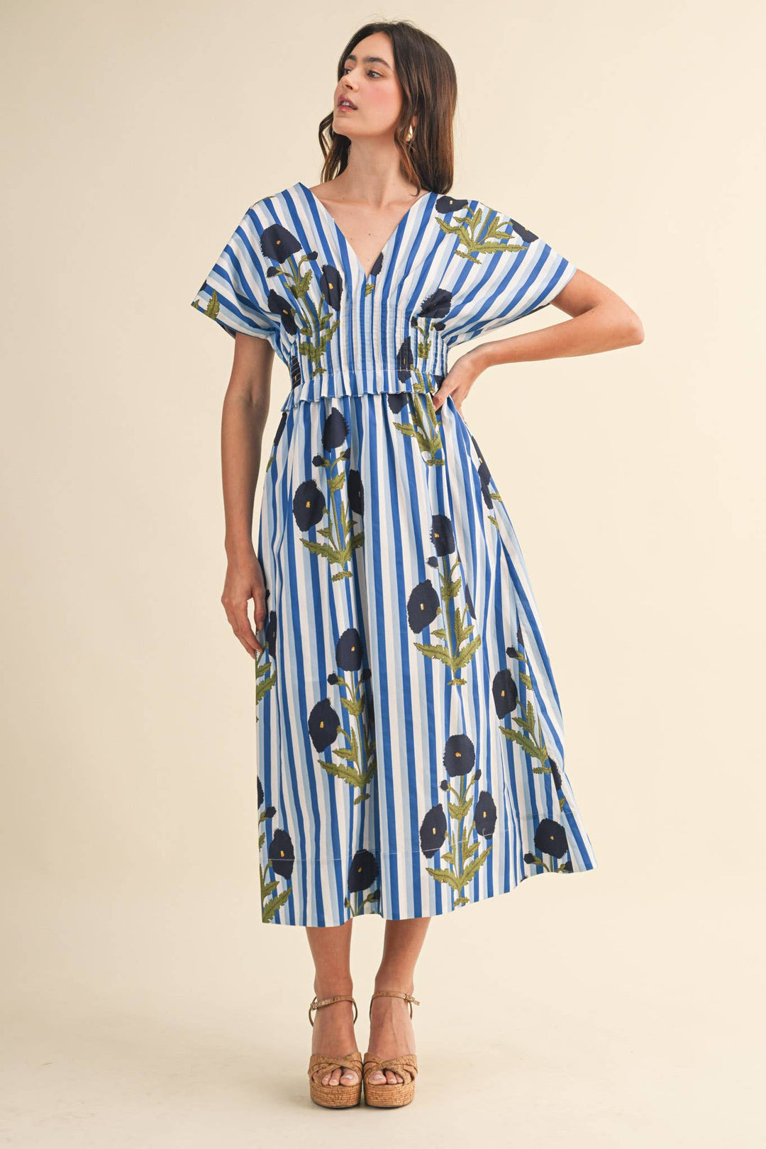 Dresses - STRIPED FLORAL PIN TUCK WAIST MIDI DRESS - S - Cultured Cloths Apparel