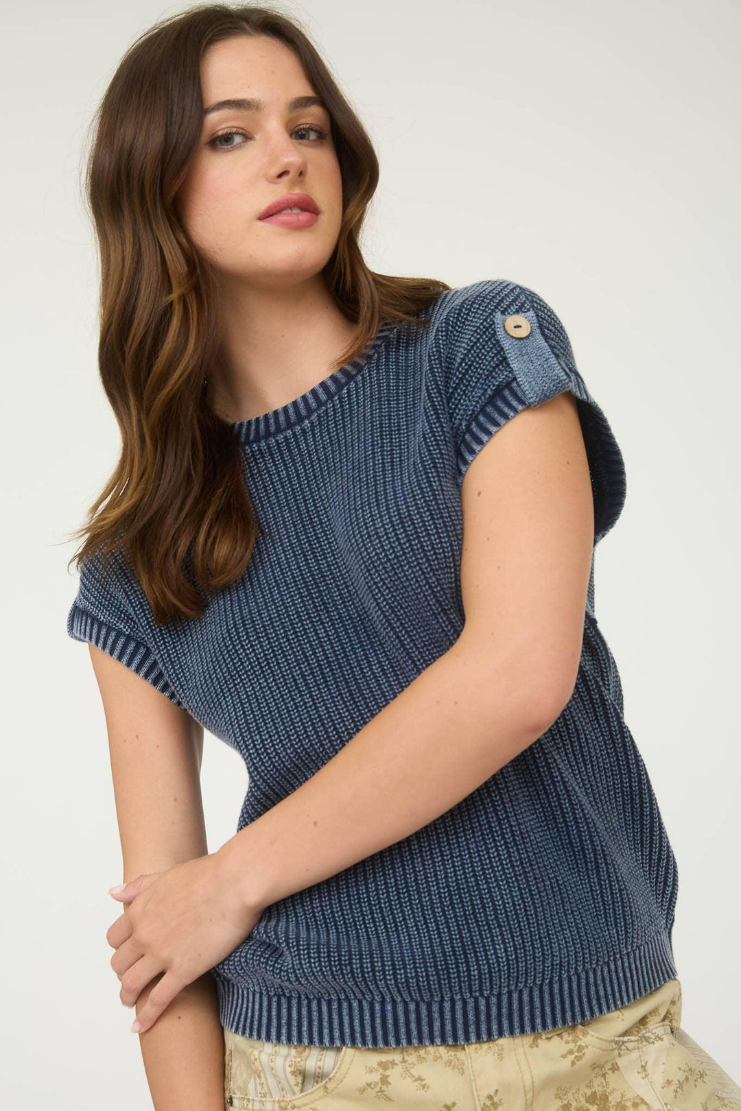 Women's Short Sleeve - WASHED KNIT SHORT TAB SLEEVE PULLOVER SWEATER - - Cultured Cloths Apparel