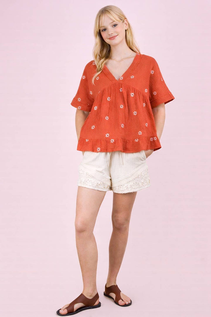 Flower Embroidered Woven Blouse Top