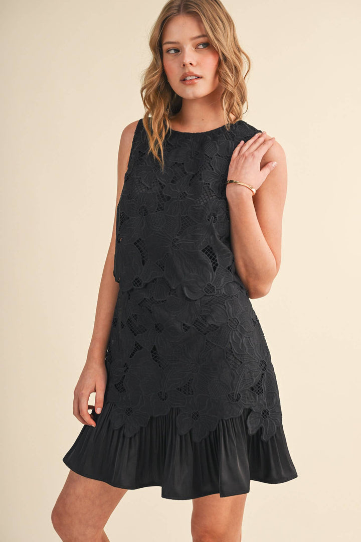 Dresses - TIERED FLORAL LACE FLOUNCE HEM MINI DRESS - - Cultured Cloths Apparel