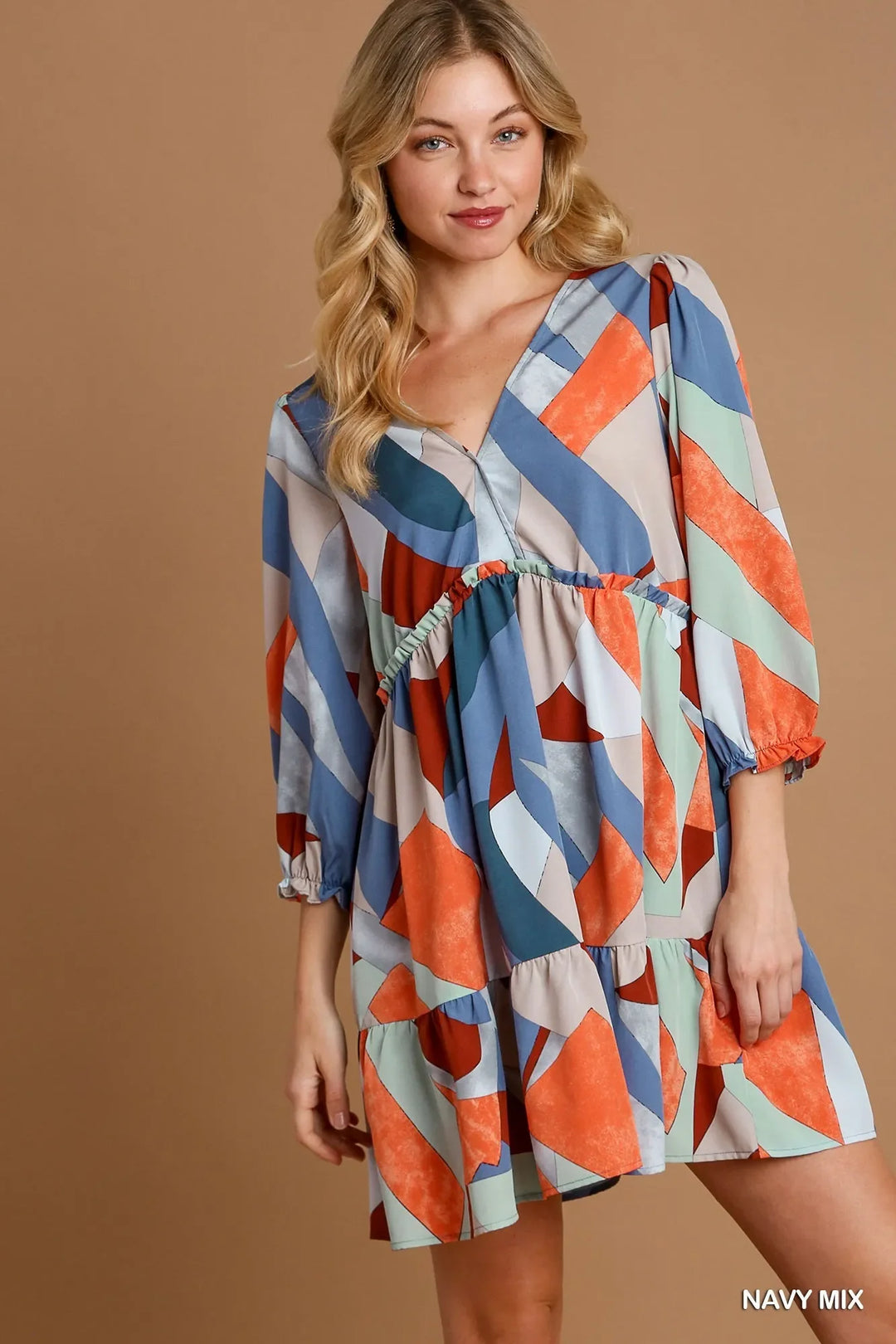 Umgee Abstract V-Neck Tiered Printed Dress NAVY MIX / M