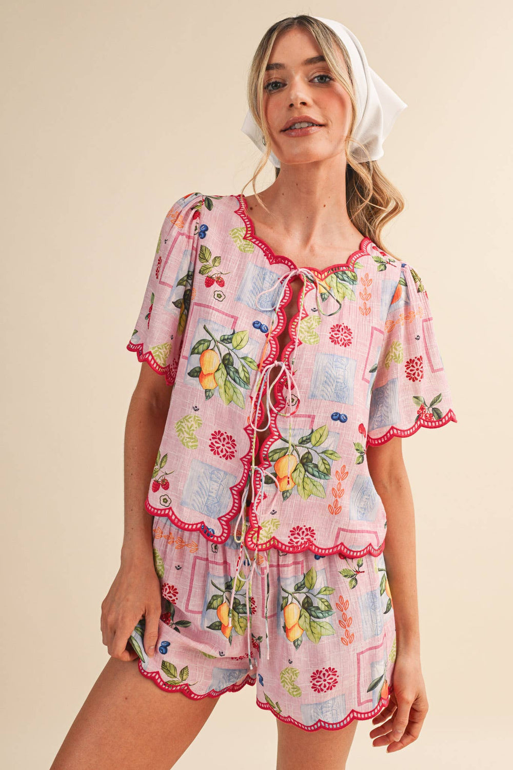 Romper - FRUIT PRINT EMBROIDERED SCALLOP TOP AND SHORTS SET - - Cultured Cloths Apparel