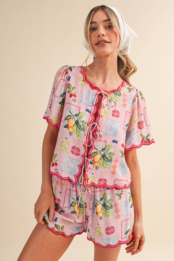 Romper - FRUIT PRINT EMBROIDERED SCALLOP TOP AND SHORTS SET - - Cultured Cloths Apparel