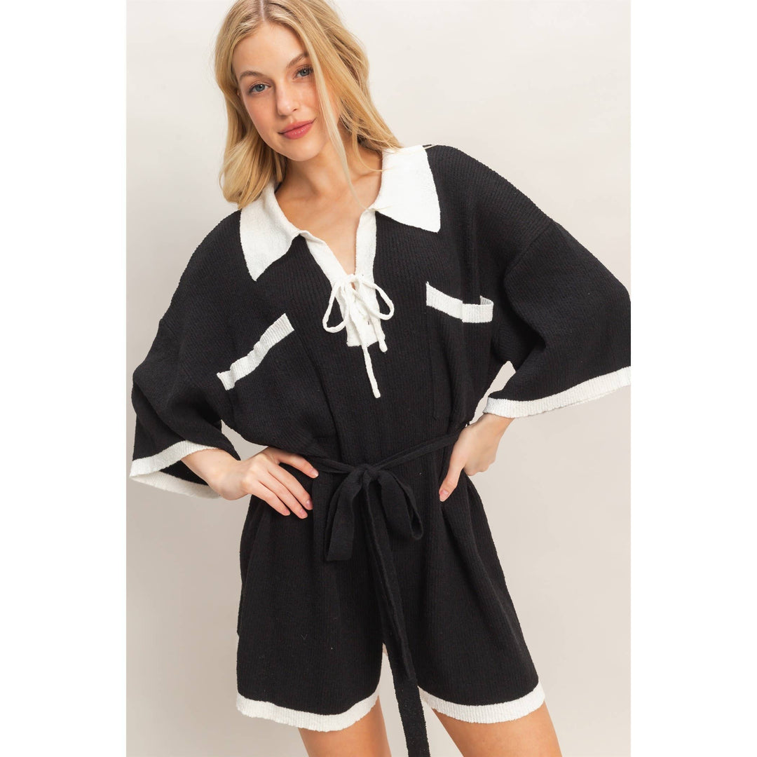 Women's Rompers - Knit Romper With Contrast Tie - - Cultured Cloths Apparel