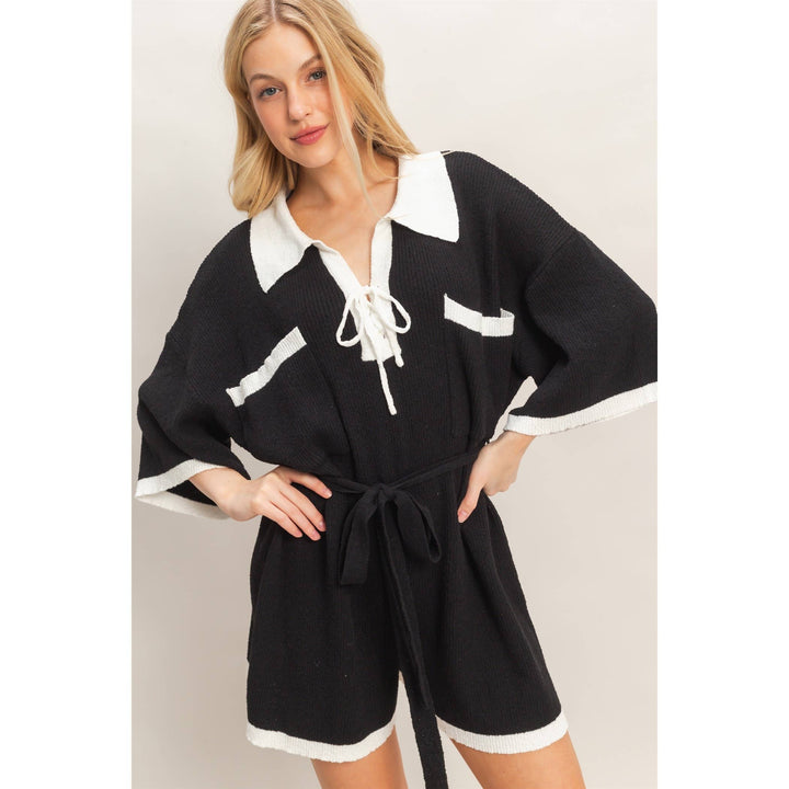 Women's Rompers - Knit Romper With Contrast Tie - - Cultured Cloths Apparel