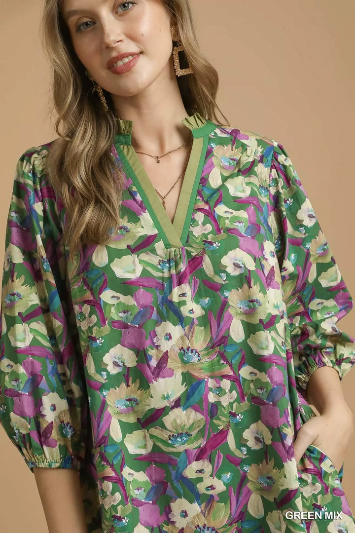 Women's Dresses - Umgee Boho Floral Balloon Sleeve Mini Dress - - Cultured Cloths Apparel