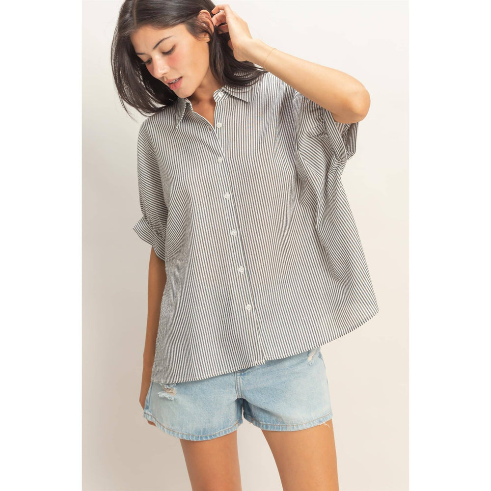 Women's Short Sleeve - Striped Short Sleeve Button-Front Blouse - BLACK - Cultured Cloths Apparel