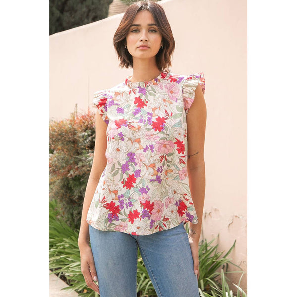 Women's Sleeveless - Floral Top with Ruffled Sleeve - Natural - Cultured Cloths Apparel