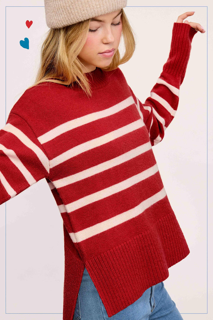 Striped Mock Neck Dolman Sleeve Loose Fit Sweater