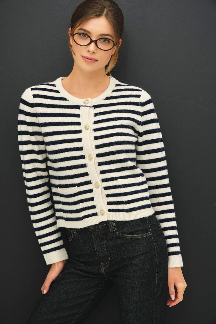 STRIPED WOOL BLEND BUTTON UP CARDIGAN