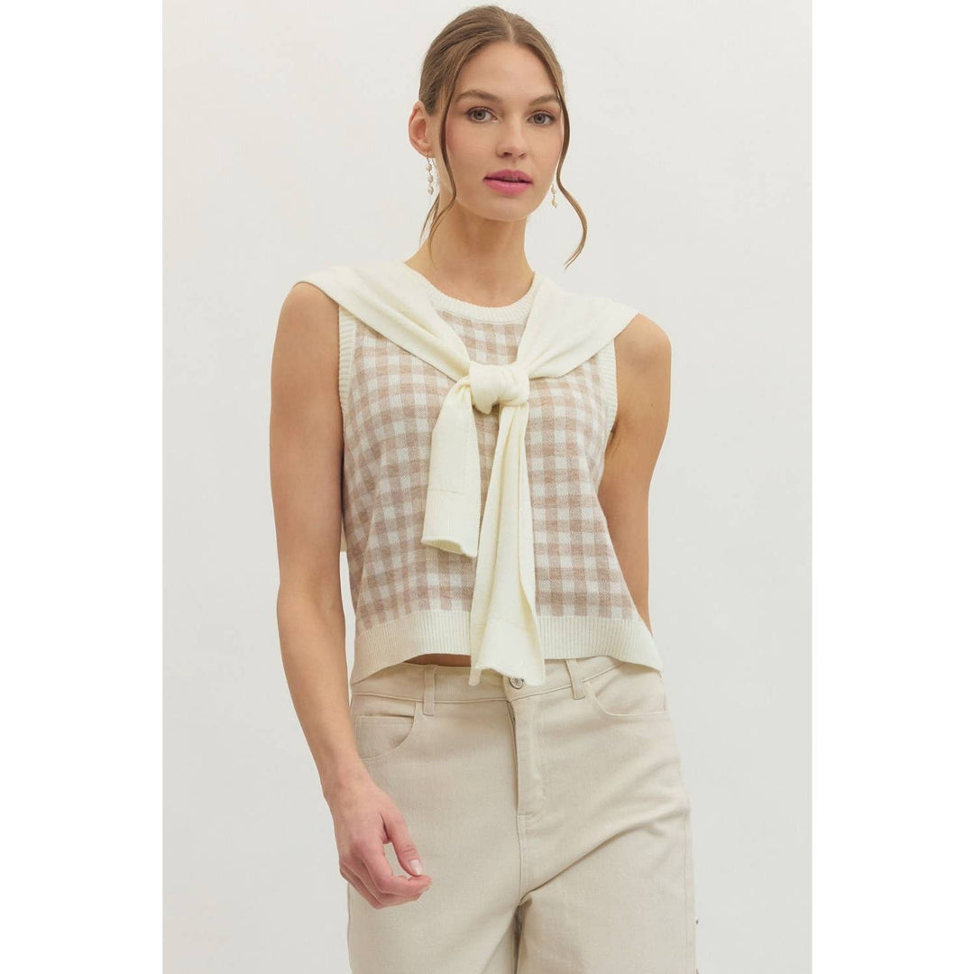 Women's Sleeveless - Gingham sleeveless sweater knit top - - Cultured Cloths Apparel