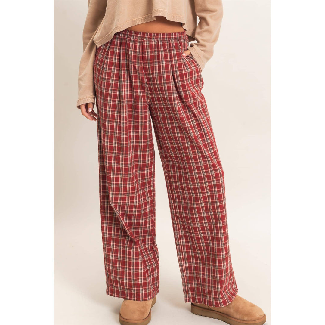 Elastic Waist Plaid Pants
