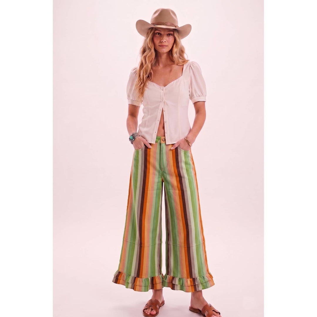 Pants - Ruffle Multicolor Stripe Washed Rupple Wide Leg Denim - - Cultured Cloths Apparel