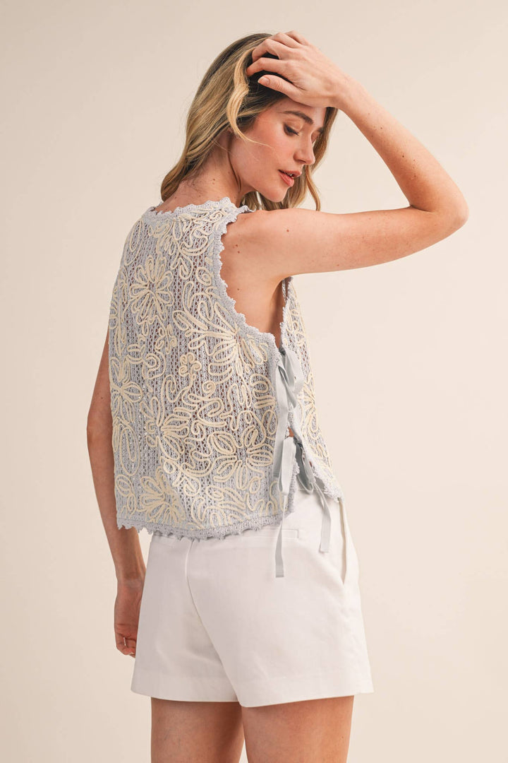 - FLORAL CROCHET TANK WITH SIDE TYING DETAIL MTP4770 - - Cultured Cloths Apparel