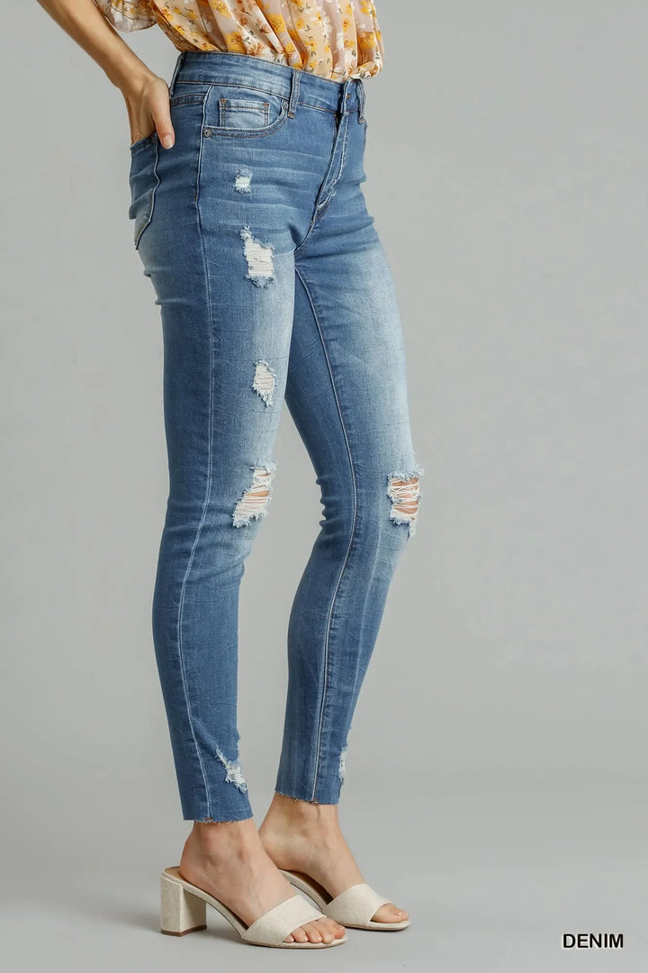 Denim - Umgee Distressed Skinny Jeans with Edge Detail - - Cultured Cloths Apparel