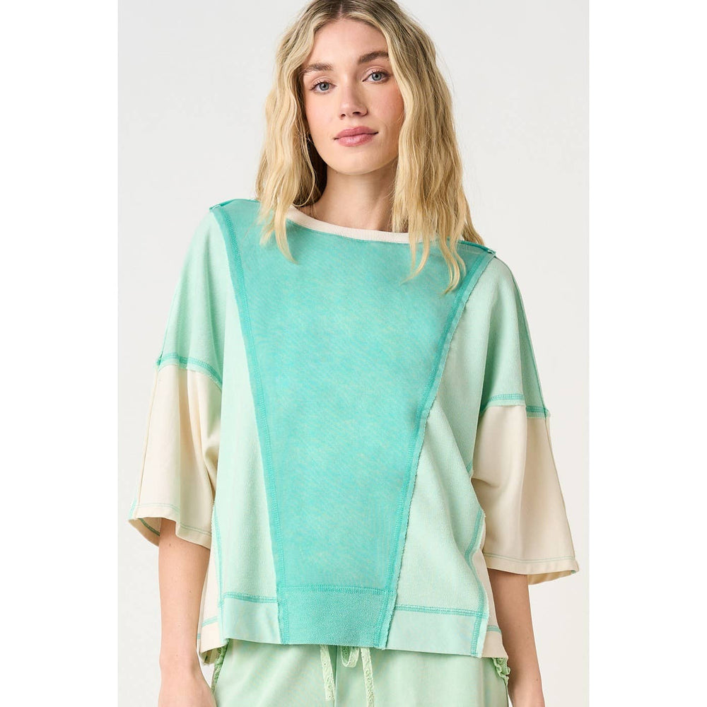 Women's Short Sleeve - MINERAL WASH COLOR BLOCK RELAXED FIT SHORT SLEEVE TOP - SMALL - Cultured Cloths Apparel