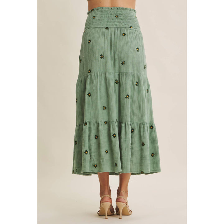 Women's Skirts - SUNSET FIELD EMBROIDERED COTTON GAUZE SMOCKED MIDI SKIRTS - - Cultured Cloths Apparel