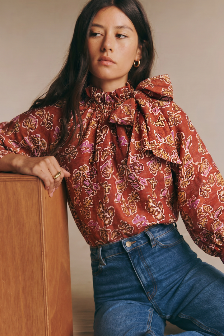 Ruffle Tie Neck Long Sleeve Print Blouse