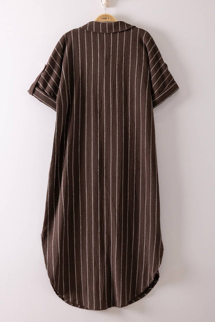 Dresses - Striped Linen Midi Button Down Shirt Dress - - Cultured Cloths Apparel