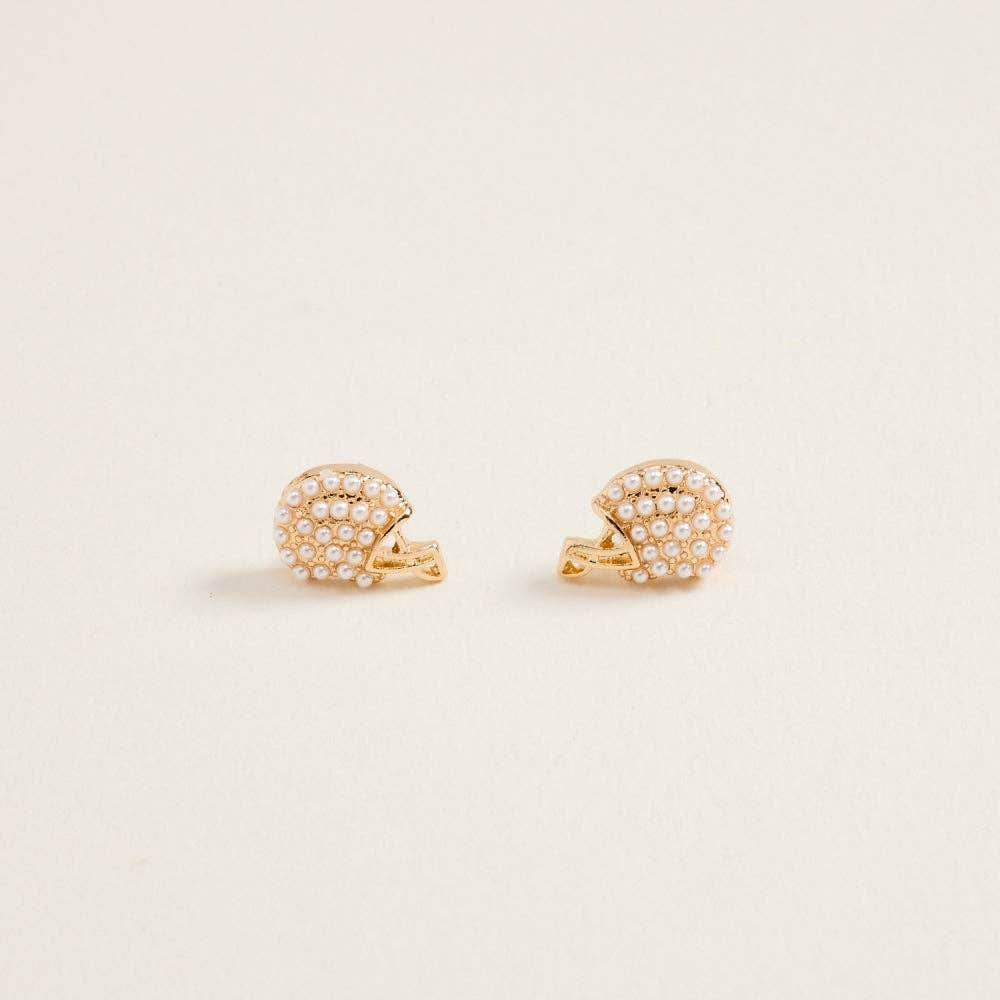 0.5 Inch Pave Pearl Rhinestone Football Helmet Post Earrings
