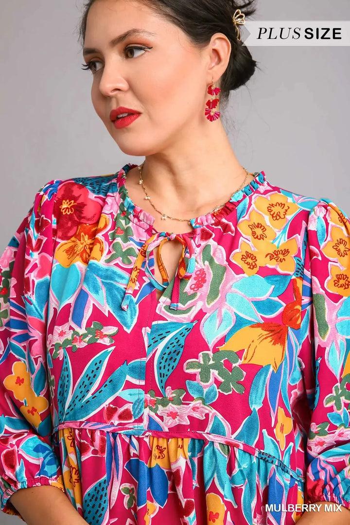 Women's Dresses - Umgee Full Size Floral Print Tie Neck Midi Dress with Pockets Plus Size - - Cultured Cloths Apparel