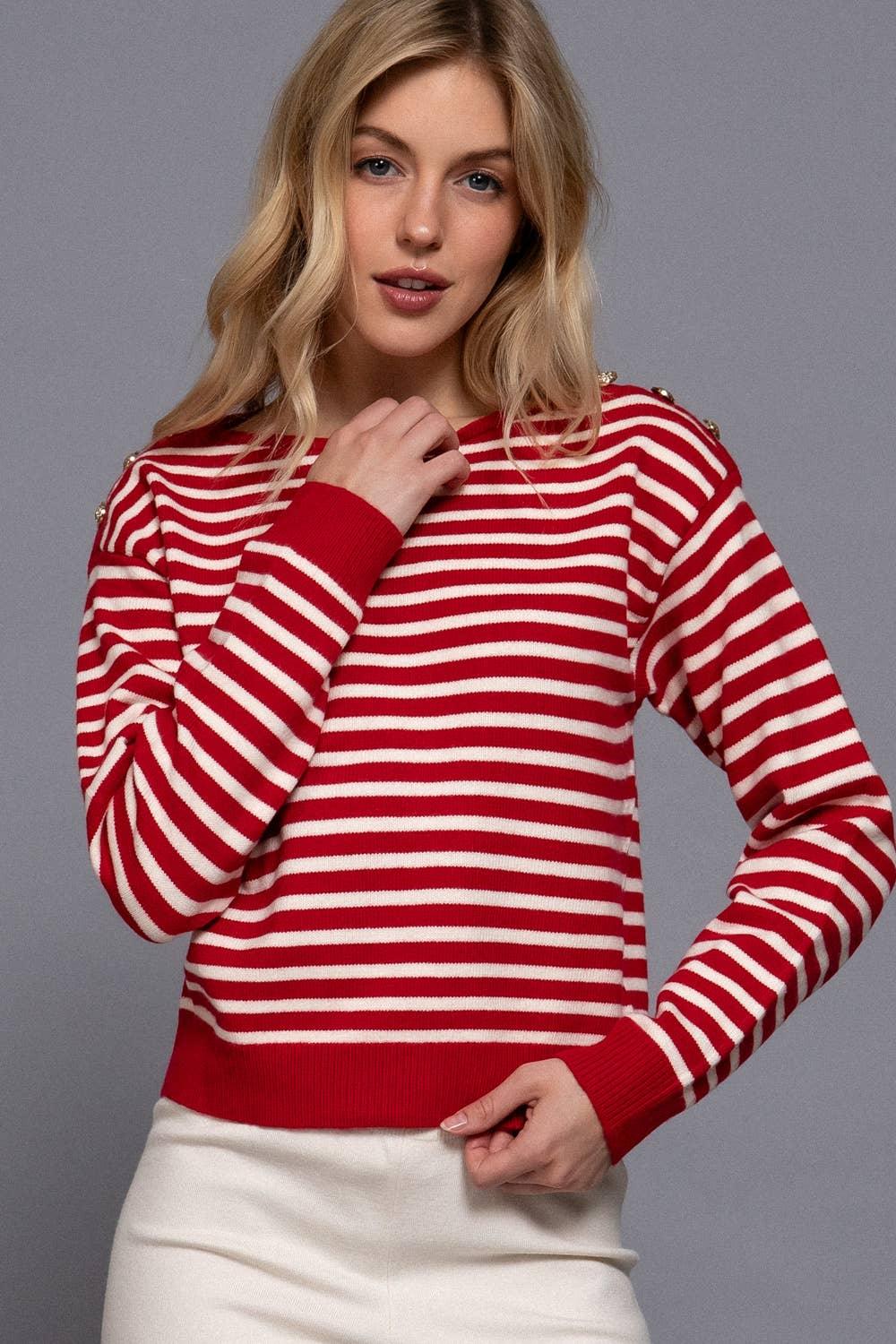 Women's Sweaters - Long Sleeve Buttoned Shoulder Stripe Sweater - RED - Cultured Cloths Apparel