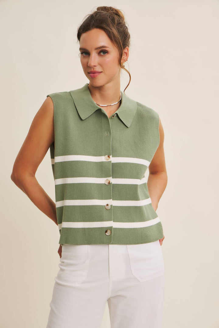 Women's Short Sleeve - ALL SEASON LAYERING VISCOSE RIB BUTTON-DOWN SWEATER VEST - STONE GREEN - Cultured Cloths Apparel
