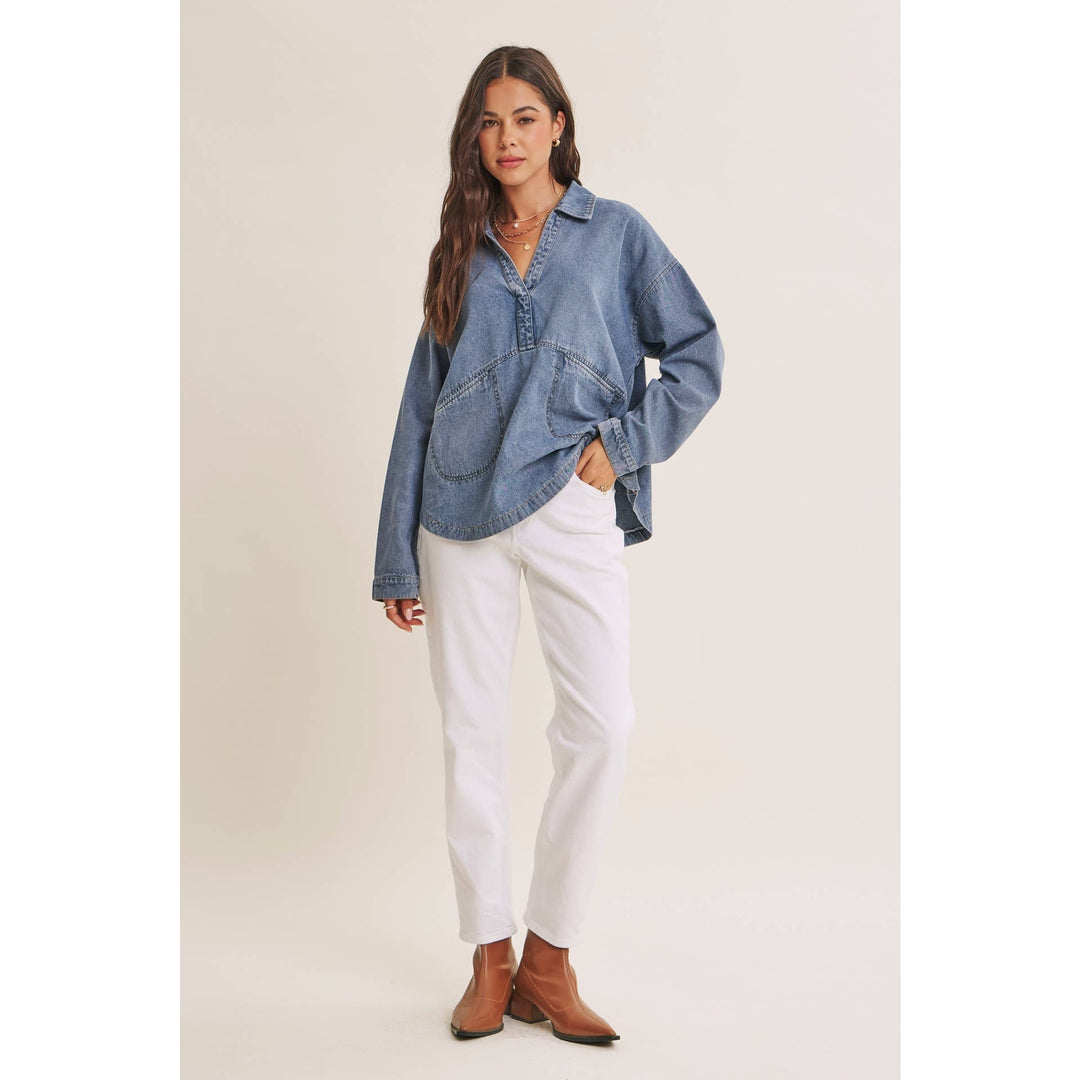 EASY LIVING MINERAL-WASHED COTTON DENIM OVERSIZED POCKET TOP