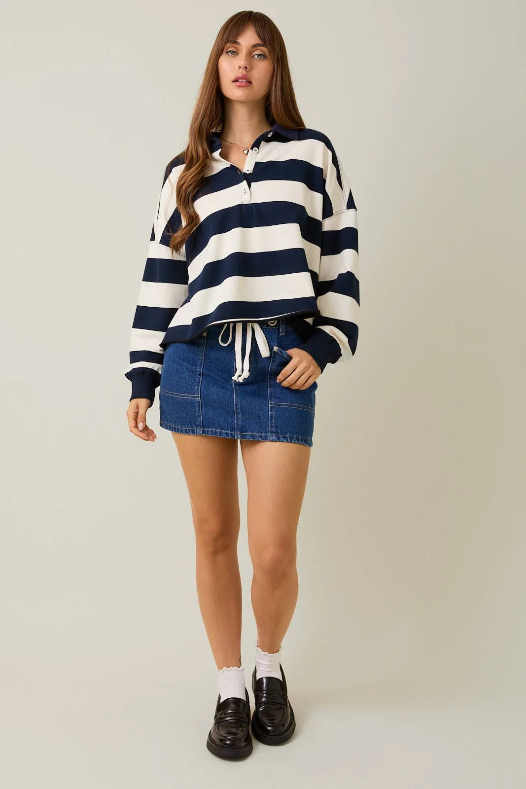 Women's Long Sleeve - RUGBY POLO TOP IN STRIPE WITH FRONT BUTTONS - - Cultured Cloths Apparel